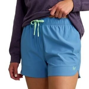 Huk Women's Blue Athletic Shorts with Lime Accents